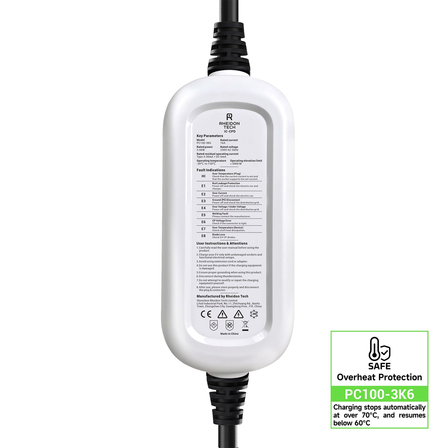 Carregador portátil RHEIDON TECH 3,6 kW tipo 2